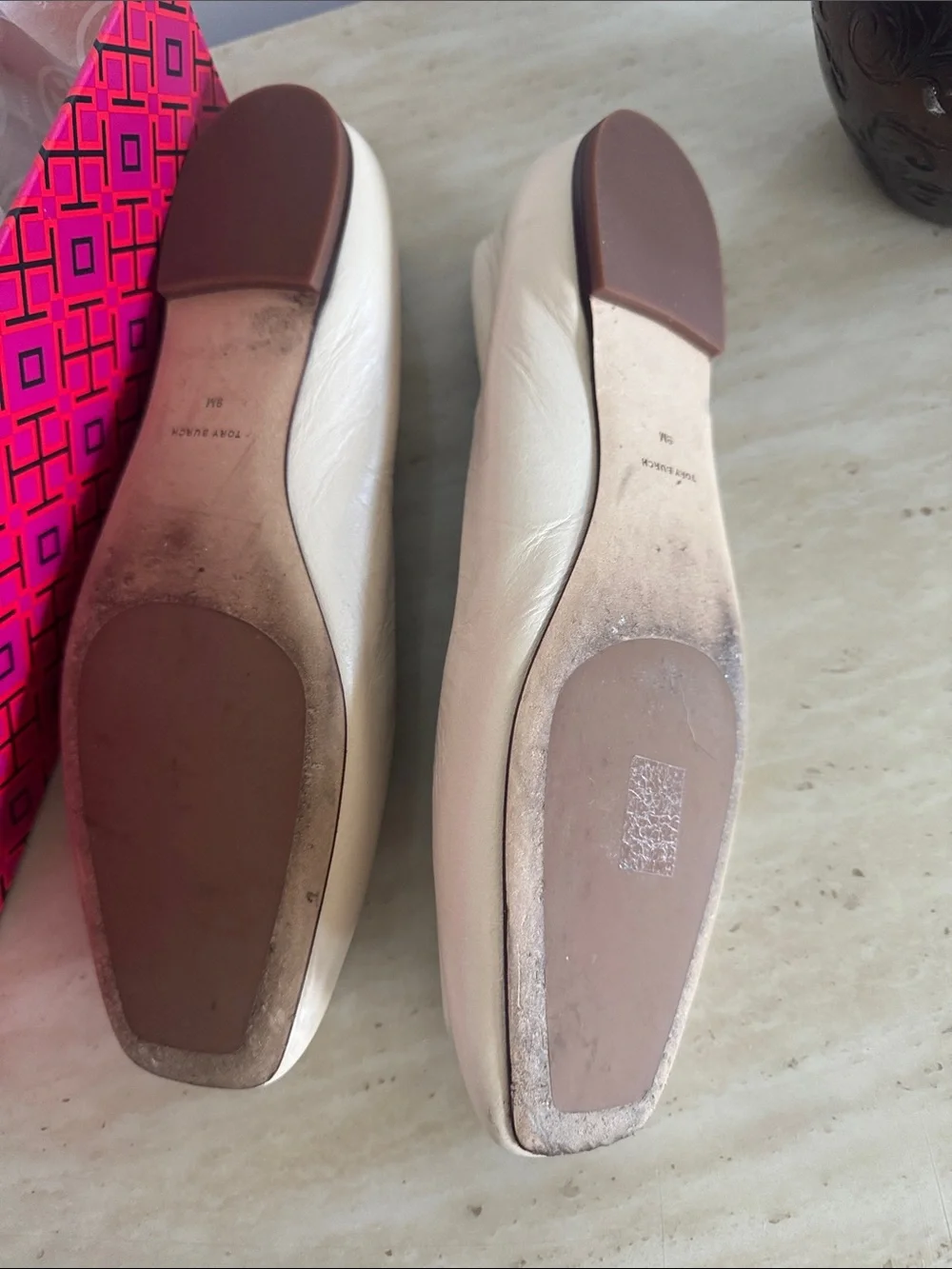 Tory Burch Cream Leather Logo Square-Toe Ballet Flats